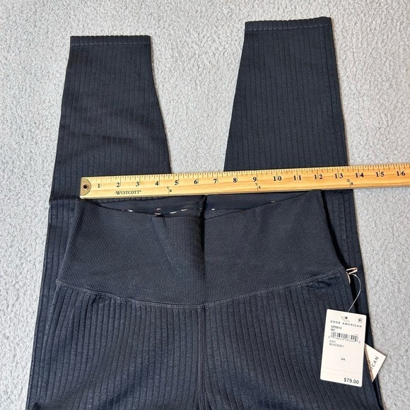 Good American Leggings Womens 3/4 Black Wide Ribbed Shine Seamless Leggings NEW - Picture 8 of 15